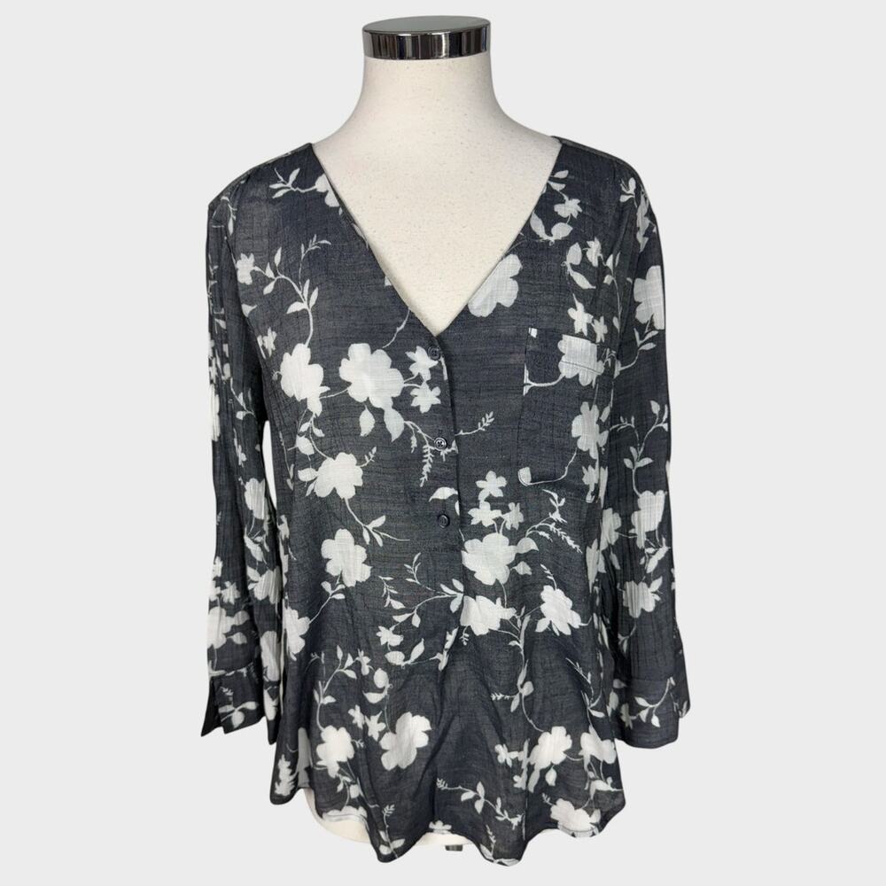 Fred David Large Womens Blouse Gray White Floral V Neck 3/4 Sleeve - Picture 2 of 9